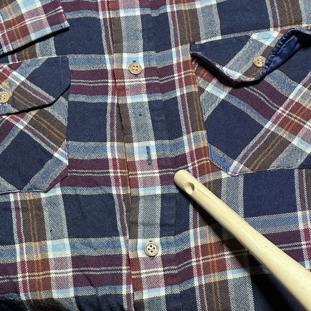 Vintage 70s 80s Sears Flannel Shirt Mens Medium Navy Plaid Acrylic‎ Dual Pocket - Picture 3 of 13